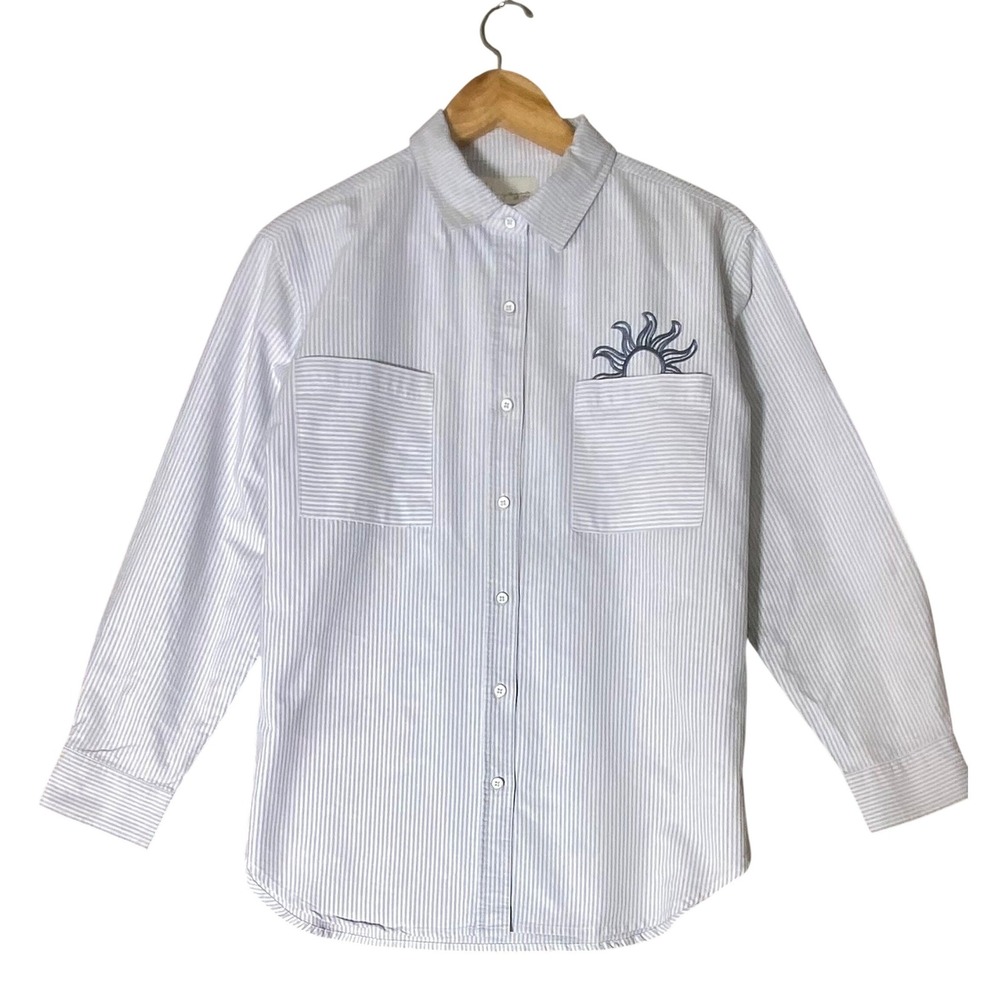 Boho Striped Button Down Shirt Embroidered Medium Celestial Minimalist Preppy - Picture 2 of 8